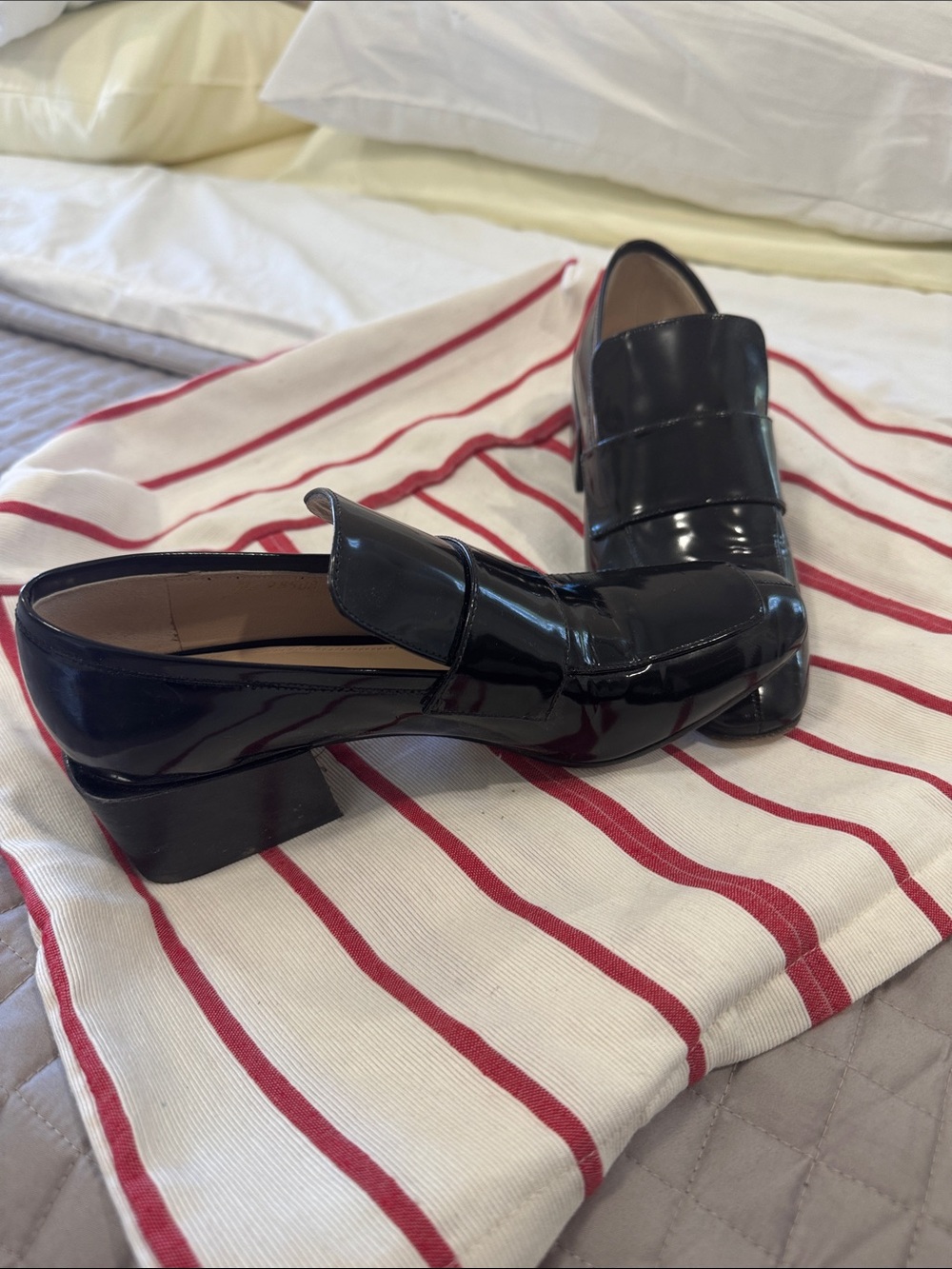 Women's Stuart Weitznan Black Patent Leather Block Heel Loafers